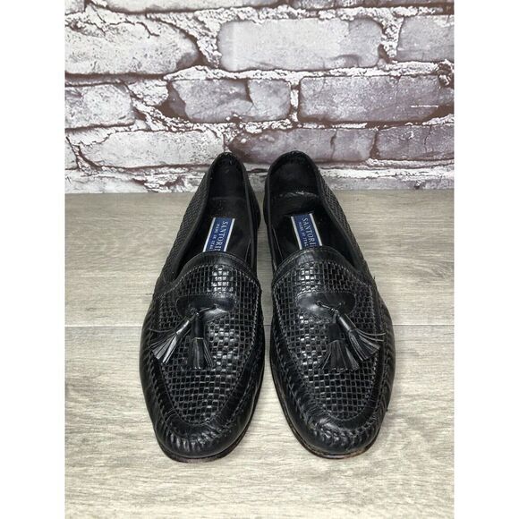 Santorini Black Leather BasketWeaves Woven Tassel Loafers Men’s Sz 9.5M US/43EU - Picture 2 of 16